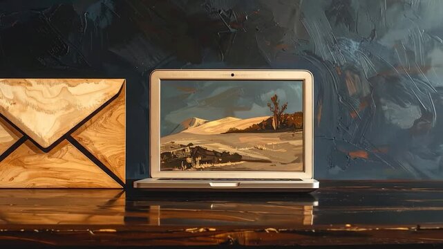 Wooden envelope beside an open laptop displaying a textured desert landscape on screen, against a dark textured wall