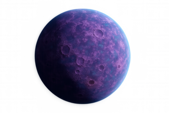 Purple exoplanet or moon with craters orbiting in deep space, cosmic celestial body on transparent background