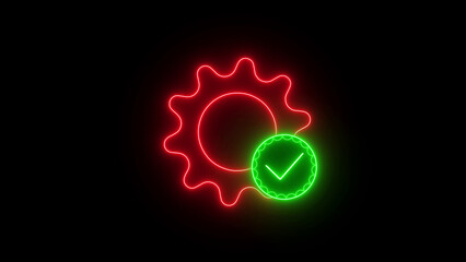 Red neon gear symbol with a green checkmark indicating successful operation or completion