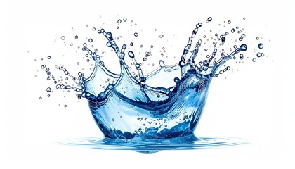 Dynamic Blue Water Splash Crown Shape High Speed Photography Isolated on White Background