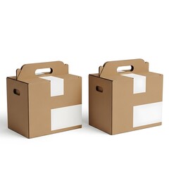 Two cardboard boxes with handles and white labels packaging
