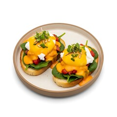 Two Eggs Benedict on Toast with Spinach and Microgreens