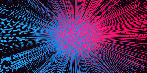 Obraz premium Abstract halftone explosion. Dynamic radial dot pattern. Vibrant blue and pink gradient. Retro comic book effect. Abstract background.