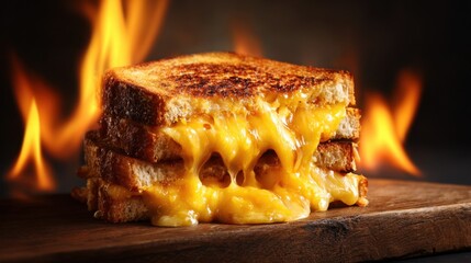 A gooey grilled cheese sandwich oozes melted cheese as flames dance around it creating a warm inviting atmosphere.