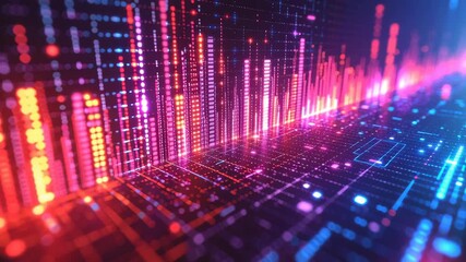A vibrant digital visualization of sound waves and data patterns in bright colors.