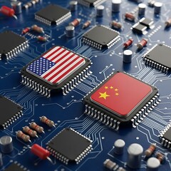 U S A and China flags on computer chips on circuit board