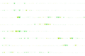 Digital pattern of glowing green hearts and dots arranged in horizontal lines on a dark black background, symbolizing love and connection in a modern abstract design
