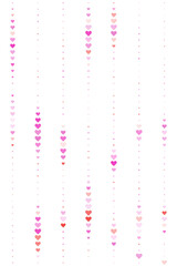 Abstract background with vertical lines of falling pink and purple hearts on a dark black backdrop, perfect for romantic designs and celebrations