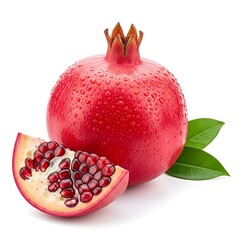 Whole ripe red pomegranate with water droplets and slice