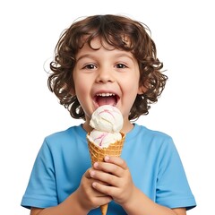 Young boy with curly hair eating ice cream cone child