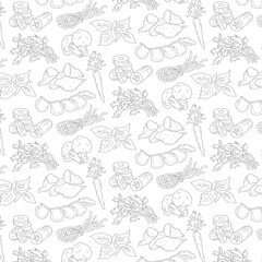 Seamless Pattern of Hand Drawn Christmas Icons Including Snowflakes Baubles Candy Canes and Gift Boxes On White Background