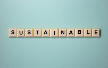 SUSTAINABLE word with alphabet cubes isolated on Light Blue Background
