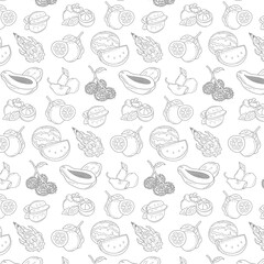 Seamless Pattern of Hand Drawn Fruit Motifs Featuring Apples Bananas and Berries on a White Background Stylized Sketchy Outline Artwork
