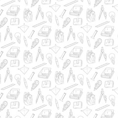 Seamless Pattern Of Hand Drawn Geometric Drafting And Measuring Tools On A White Background Simple Line Art Design For Education And Construction Concepts