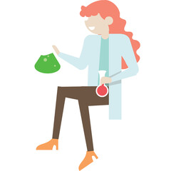 Scientist Woman Holding Flasks With Green and Red Liquid Sitting Down Wearing Lab Coat Brown Pants and Orange Shoes with Transparent Background