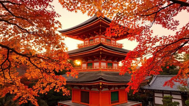 Stunning Japanese Pagoda Surrounded by Vibrant Autumn Maple Leaves at Sunset
