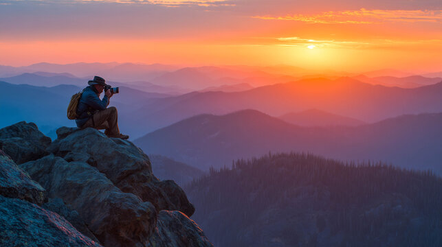 Photographer capturing a sunset on a mountain peak, backlit by the orange and pink hues of the evening sky as he carefully frames his shot - Powered by Adobe