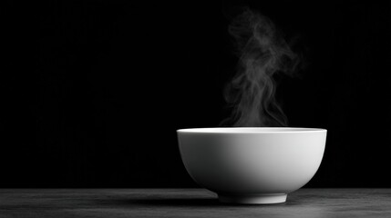 Korean tea ritual, A simple white bowl emits steam against a dark backdrop, creating a minimalist and cozy atmosphere.