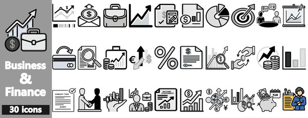 Set of 30 business and finance icons in black and white.