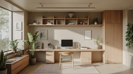 An eco-modern office with natural wood and plants in natural light