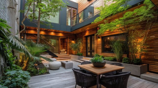 A serene courtyard showcases modern design with lush greenery stylish seating and soft warm lights enhancing relaxation.