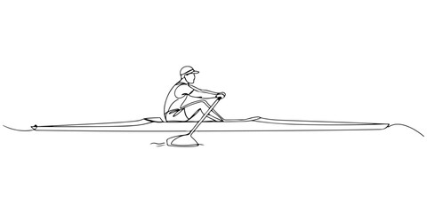 Continuous one line drawing of a rower rowing a boat, symbolizing teamwork, movement, and balance, vector illustration style. © Haus