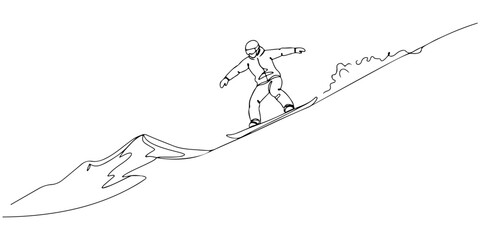 Continuous one line drawing of a person snowboarding down a hill, symbolizing adventure, speed, and excitement, style vector illustration.