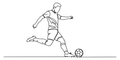 Continuous one line drawing of a soccer player kicking a ball, symbolizing energy, teamwork, and sportsmanship, vector illustration style. © Haus