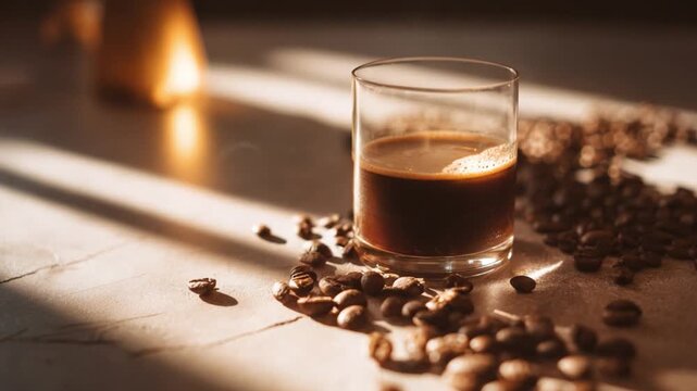 Artisan Coffee Delight: A close-up shot showcasing a freshly brewed, rich, aromatic coffee in a clear glass, encircled by scattered coffee beans, bathed in the warm, inviting glow of natural light.