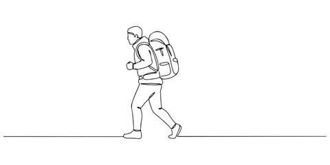 Continuous one line drawing of a person hiking with a backpack, representing exploration, adventure, and nature, style vector illustration.