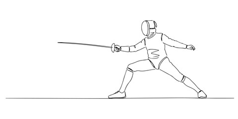 Continuous one line drawing of a fencer in action position, symbolizing precision, elegance, and competition, style vector illustration.