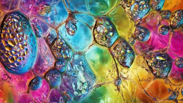 Abstract macro view of colorful bubbles in vivid hues with unique texture