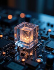 Crystal cube with glowing core amidst digital circuit background computer technology cpu microchip digital processor