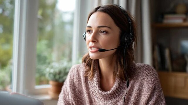 Focused Communication: A professional woman, headset in place, is deeply engaged in a virtual meeting, her gaze fixed with concentration.