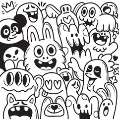 Obraz premium Doodle monster cartoon black white happy cute group fun playful illustration character animal