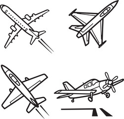 : A line art illustration featuring four different styles of airplanes including a passenger jet and a fighter jet