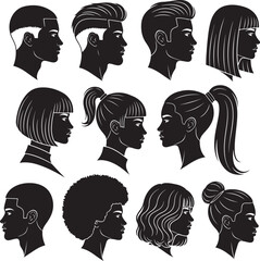 A set of vector illustrations showcasing black silhouettes of various male and female hairstyles.