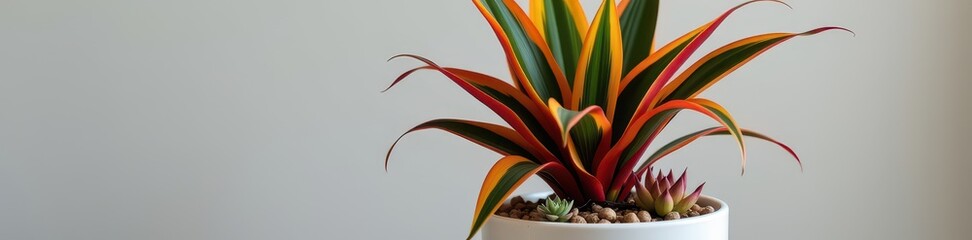 Obraz premium A striking Dracaena marginata plant in a clean white pot accented with small succulents, succulent, vibrant, leafy