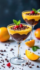 Decadent chocolate and vibrant mango mousse layers, a tropical indulgence in a glass, elegant dessert, mango flavor
