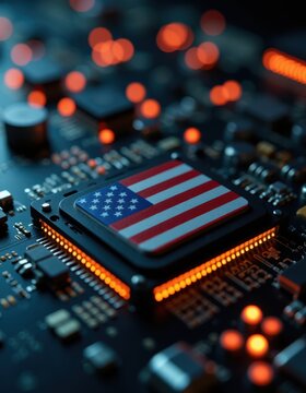 Microchip with American flag design on circuit board symbolizing technology innovation and patriotism in the electronics and digital industry computer technology cpu microchip digital processor