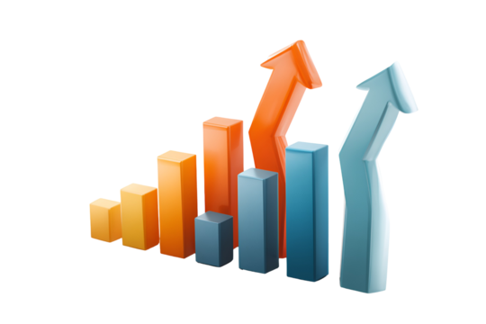 3d growth chart with rising arrows isolated on transparent background