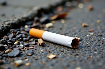 Discarded cigarette filter rests on gritty pavement, a symbol of urban waste, pavement, pollution, urban