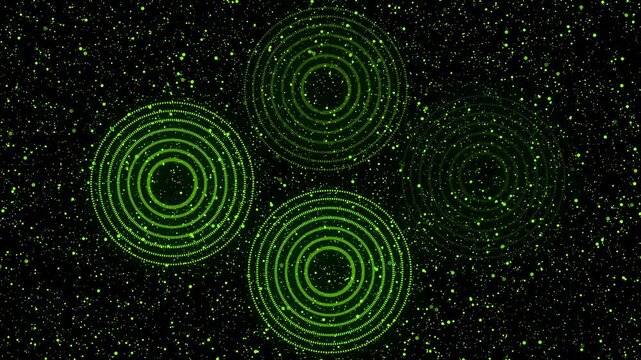 Four Glowing Green Concentric Circles with Speckled Particles in Motion abstract. Futuristic design with four green dotted concentric circles on a dark speckled background for digital visuals.