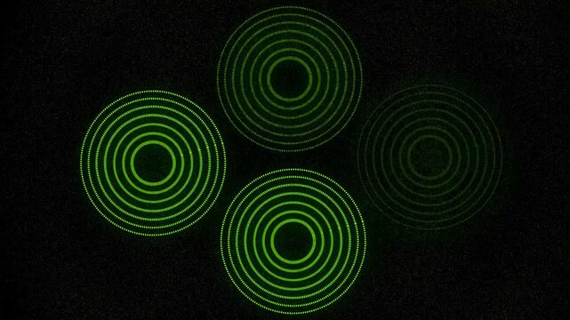 Abstract dark speckled background with four green concentric dotted circles, perfect for sci-fi or tech visuals.Four Concentric Green Circles with Dotted Edges on a Dark Speckled Background abstract.