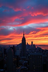 Fototapeta premium Iconic city landmark silhouetted against a dramatic twilight sky, architecture, silhouette, water
