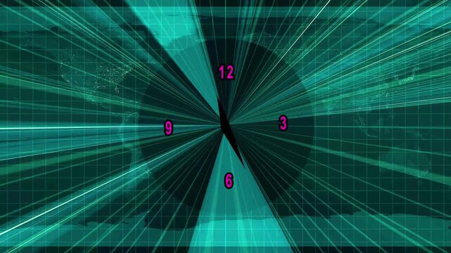 Abstract clock face with world map and glowing grid lines time.Futuristic abstract clock with world map and glowing grid lines, designed for time tracking or global concept illustrations.
