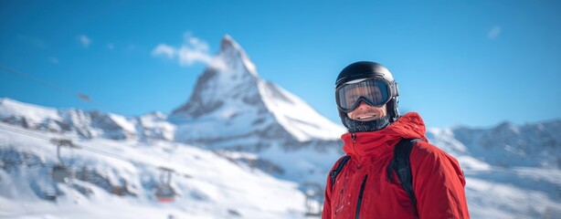 The Skier in a Red Jacket on a Snowy Alpine Peak with Blue Sky Panorama