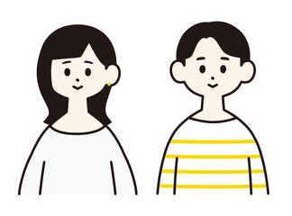 正面を向く若い男女のシンプルでフラットなイラスト