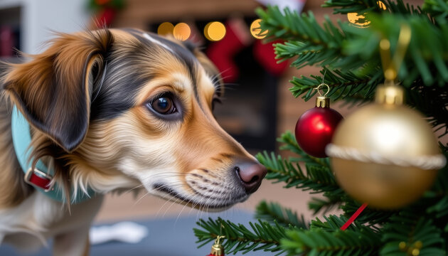 Dog preparing for christmas festivities home photo indoor close-up celebration preparation