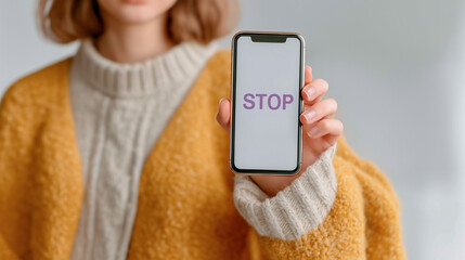 Close-up of a human hand holding a smartphone showing the word “STOP” on the screen. Concept image representing warning, alert, caution, prohibition